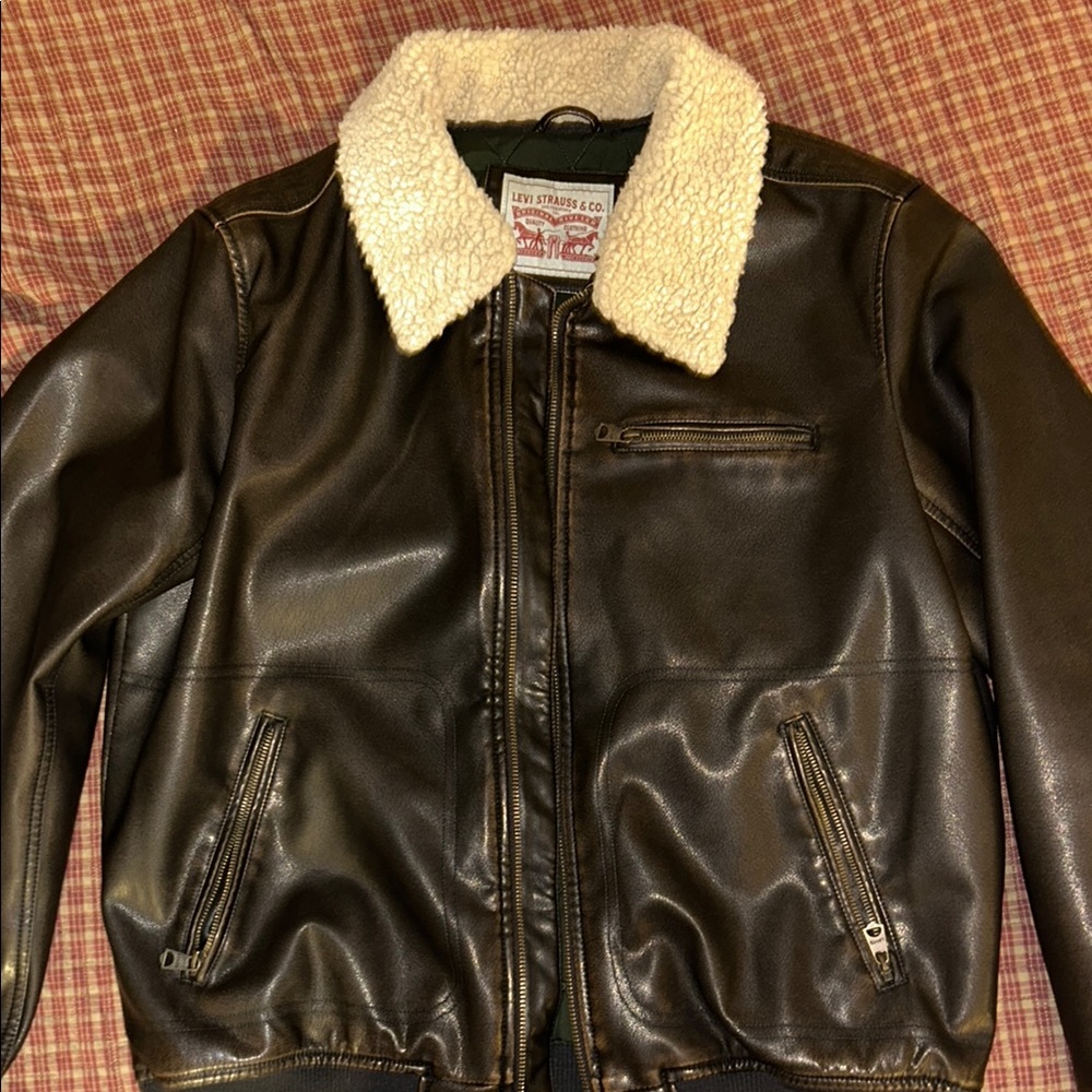 Levi's Men's Brown Faux Leather Jacket with Sherpa Collar